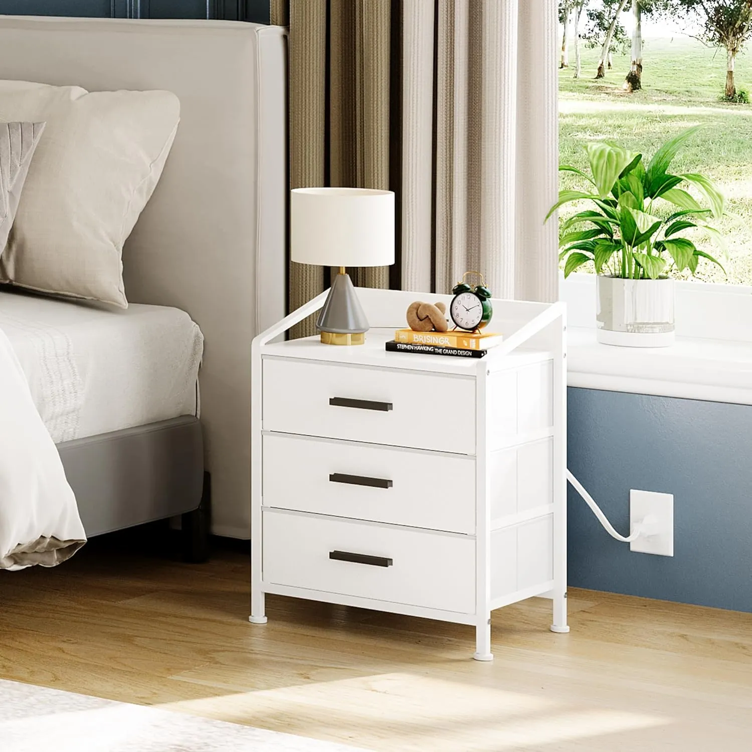 Nightstand 3 Drawer Dresser with Charging Station, 11" D x 15.6" W x 21" H, Set of 2 Side Table with Fabric Drawers, Small Dresser for Kids Closet Guest Bedroom (White, Set of 2 with Charger)