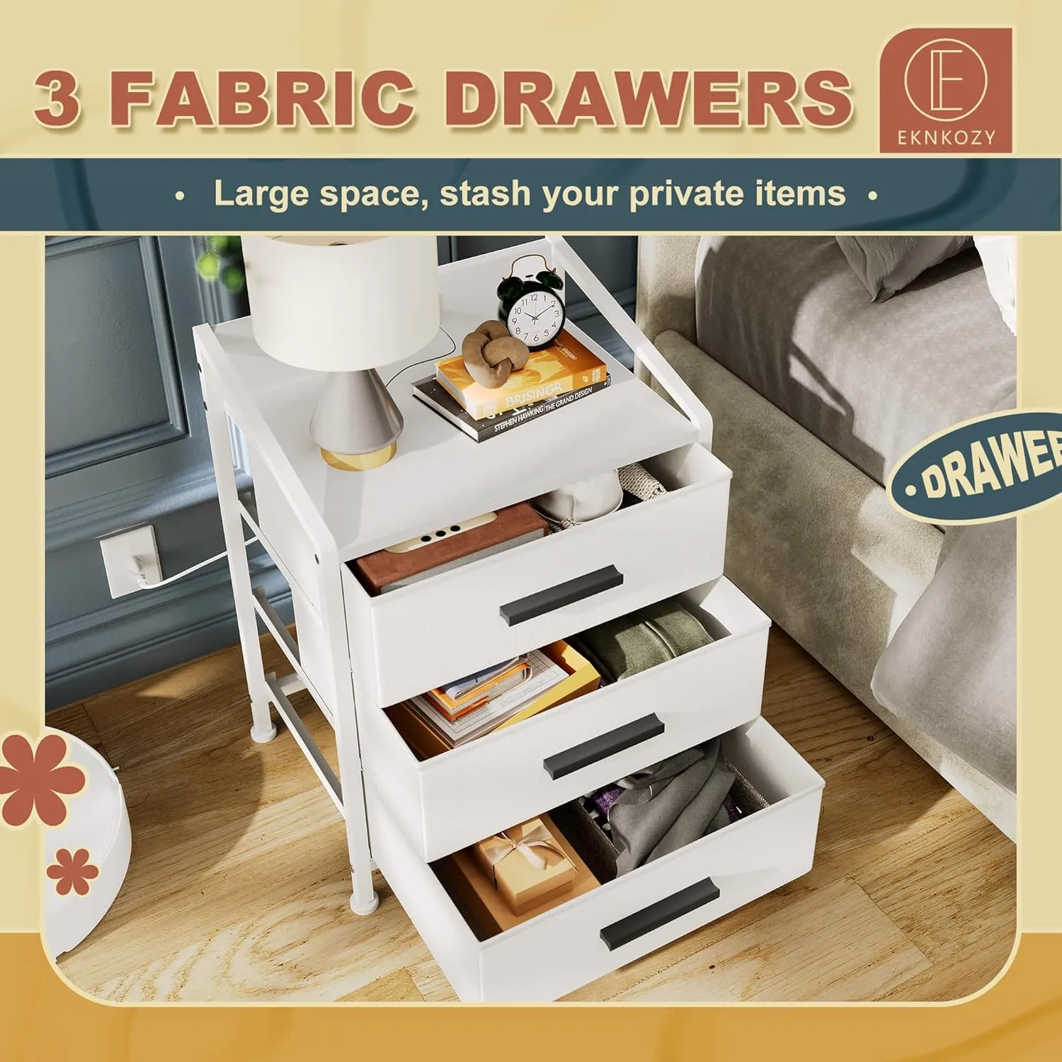 Nightstand 3 Drawer Dresser with Charging Station, 11" D x 15.6" W x 21" H, Set of 2 Side Table with Fabric Drawers, Small Dresser for Kids Closet Guest Bedroom (White, Set of 2 with Charger)