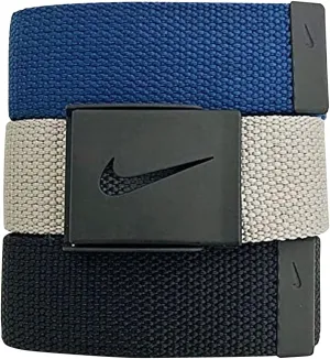 Nike Men's 3 Pack Web Belt, Matte Black Hardware, Black/Grey/Navy, One Size