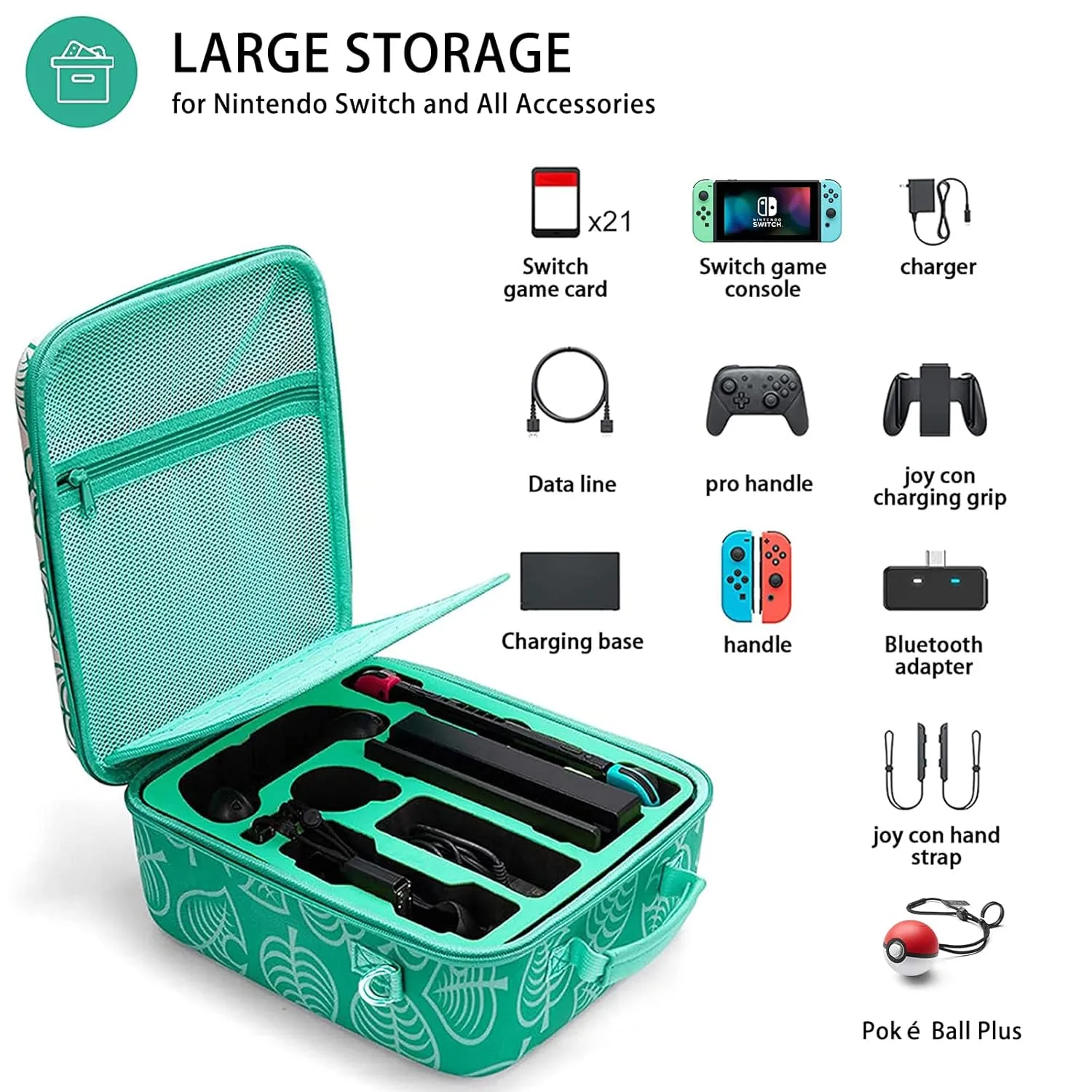 Nintendo Switch Deluxe Carrying Case-Turquoise Storage Bag with Handle and Shoulder Strap Fits Complete Switch System Console Switch Dock  Pro Controller  Joy-Con grip  Poke Ball Plus & Accessories.