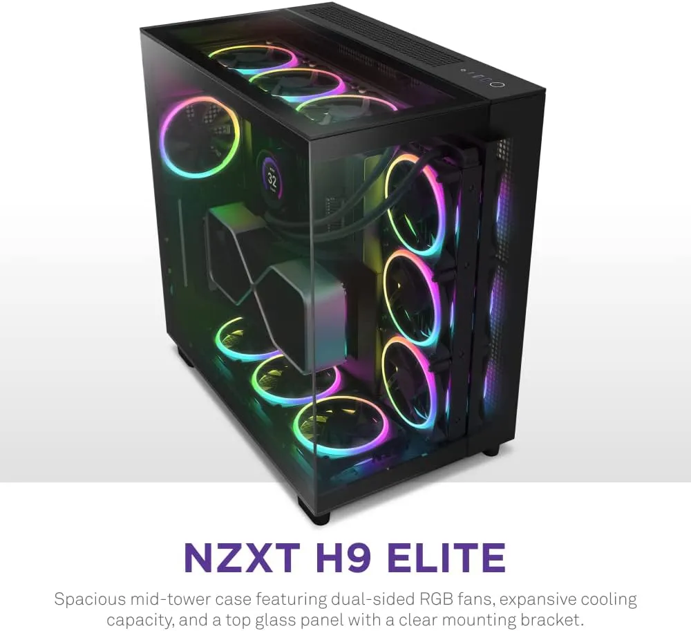 NZXT H9 Elite Dual-Chamber ATX Mid-Tower PC Gaming Case - Includes 3 x 120mm F120 RGB Duo Fans w/ Controller - Glass Front, Top & Side Panels - 360mm Radiator Support - Cable Management - Black