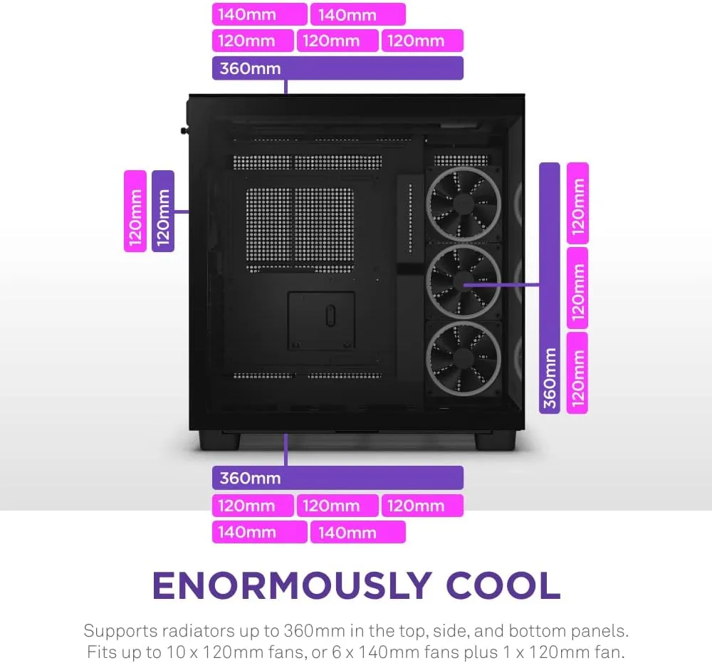 NZXT H9 Elite Dual-Chamber ATX Mid-Tower PC Gaming Case - Includes 3 x 120mm F120 RGB Duo Fans w/ Controller - Glass Front, Top & Side Panels - 360mm Radiator Support - Cable Management - Black