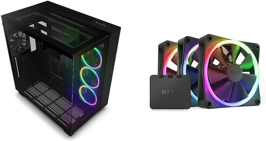 NZXT H9 Mid-Tower Gaming PC Case - 3 RGB Fans, Glass Panels, 360mm Radiator Support & F120 RGB Fans - RF-R12TF-B1 - Advanced RGB Lighting Customization - Whisper Quiet Cooling