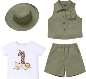 OBEEII Toddler Baby Boys Safari First Birthday Outfit Jungle Animal Short Sleeve T-shirt Top Shorts Vest Hat 4PCS Set