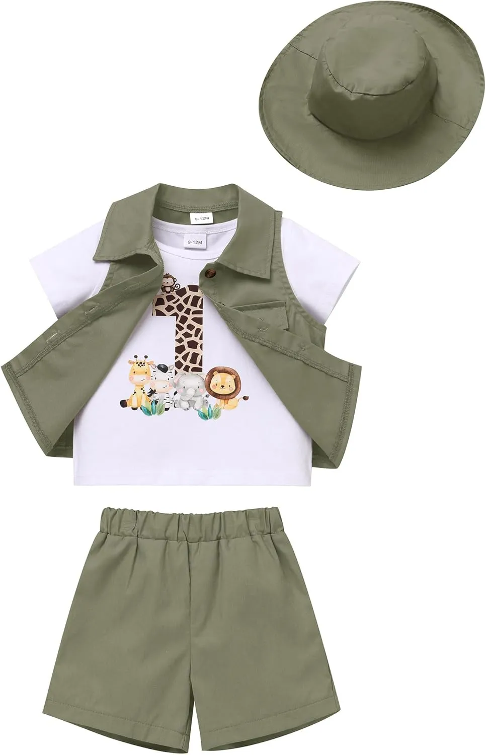 OBEEII Toddler Baby Boys Safari First Birthday Outfit Jungle Animal Short Sleeve T-shirt Top Shorts Vest Hat 4PCS Set