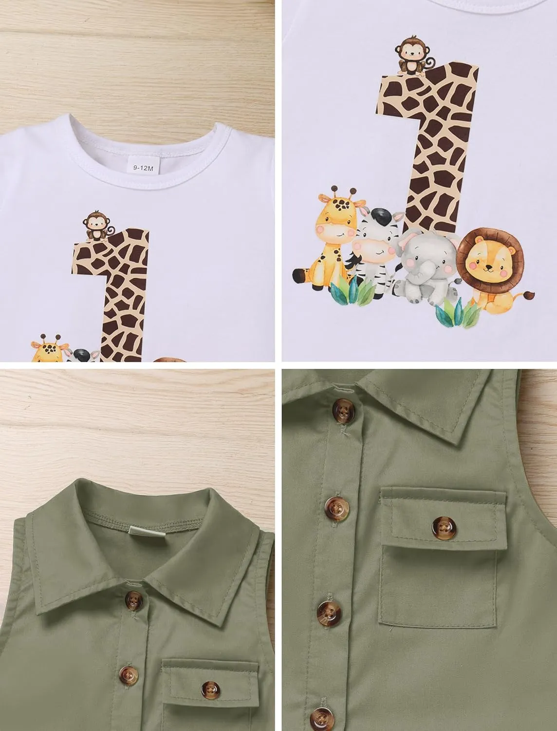 OBEEII Toddler Baby Boys Safari First Birthday Outfit Jungle Animal Short Sleeve T-shirt Top Shorts Vest Hat 4PCS Set