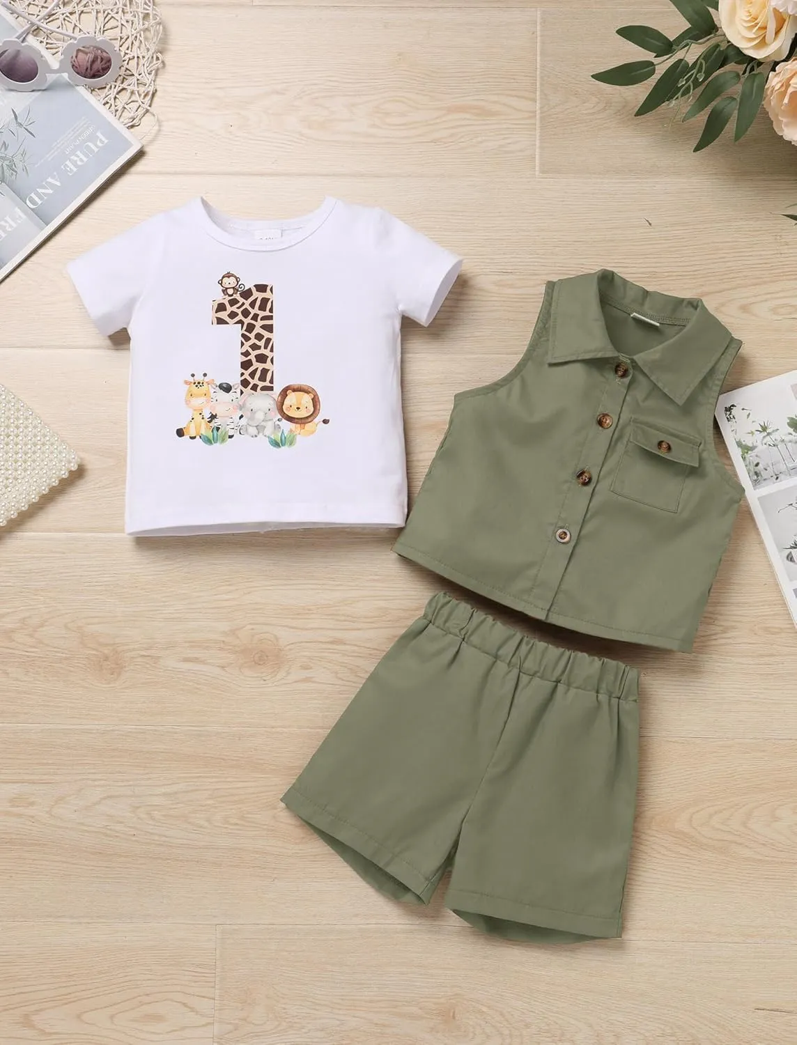 OBEEII Toddler Baby Boys Safari First Birthday Outfit Jungle Animal Short Sleeve T-shirt Top Shorts Vest Hat 4PCS Set
