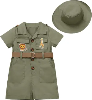 OBEEII Toddler Baby Safari Outfit Short Sleeve Jumpsuit   Hat Explorer Set Wild One Birthday Cake Smash Photoshoot