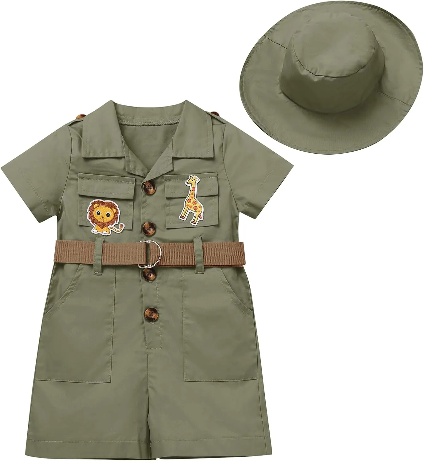 OBEEII Toddler Baby Safari Outfit Short Sleeve Jumpsuit   Hat Explorer Set Wild One Birthday Cake Smash Photoshoot