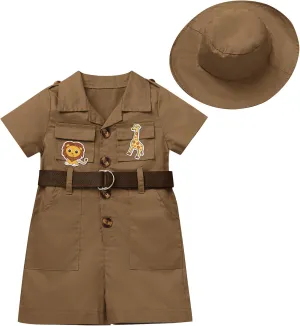 OBEEII Toddler Baby Safari Outfit Short Sleeve Jumpsuit   Hat Explorer Set Wild One Birthday Cake Smash Photoshoot