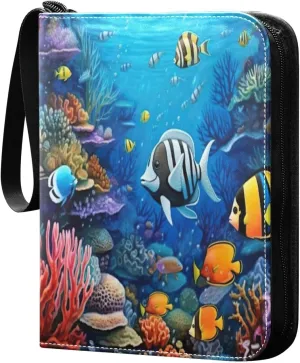 Ocean Fish Card Binder with 50 Removable Page Sleeves PU Leather Collectible Trading Card Albums Book with Zipper for Games Card,Baseball Cards