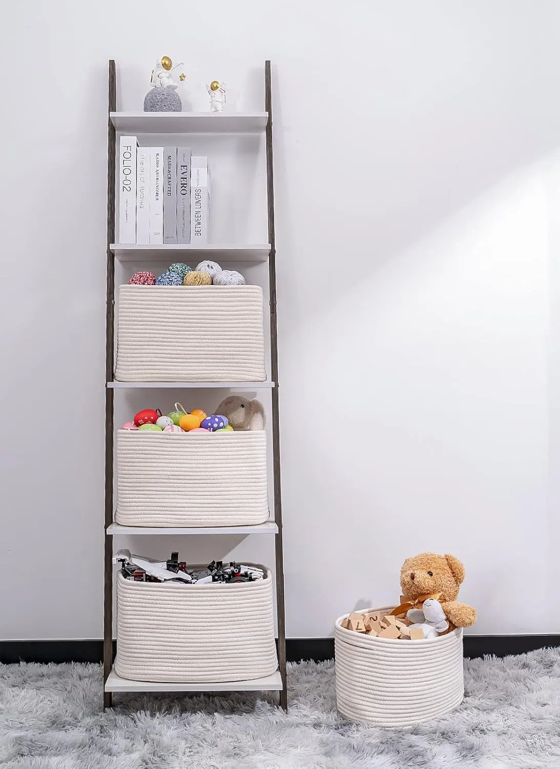 Off White Storage Cubes Baskets Bins for Shelves - Set of 2 Rectangular Closet Organizers, Woven Rope Baskets for Baby Nursery