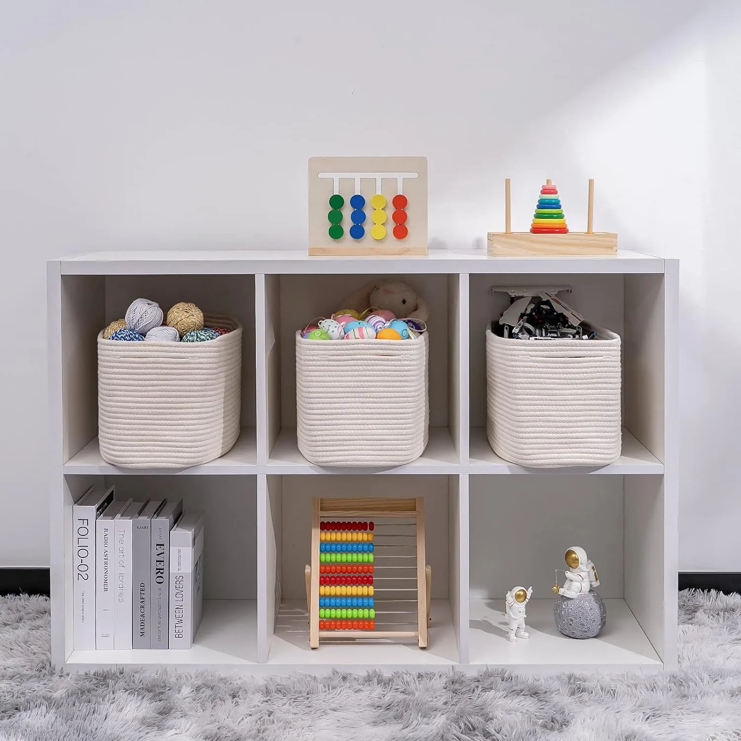 Off White Storage Cubes Baskets Bins for Shelves - Set of 2 Rectangular Closet Organizers, Woven Rope Baskets for Baby Nursery