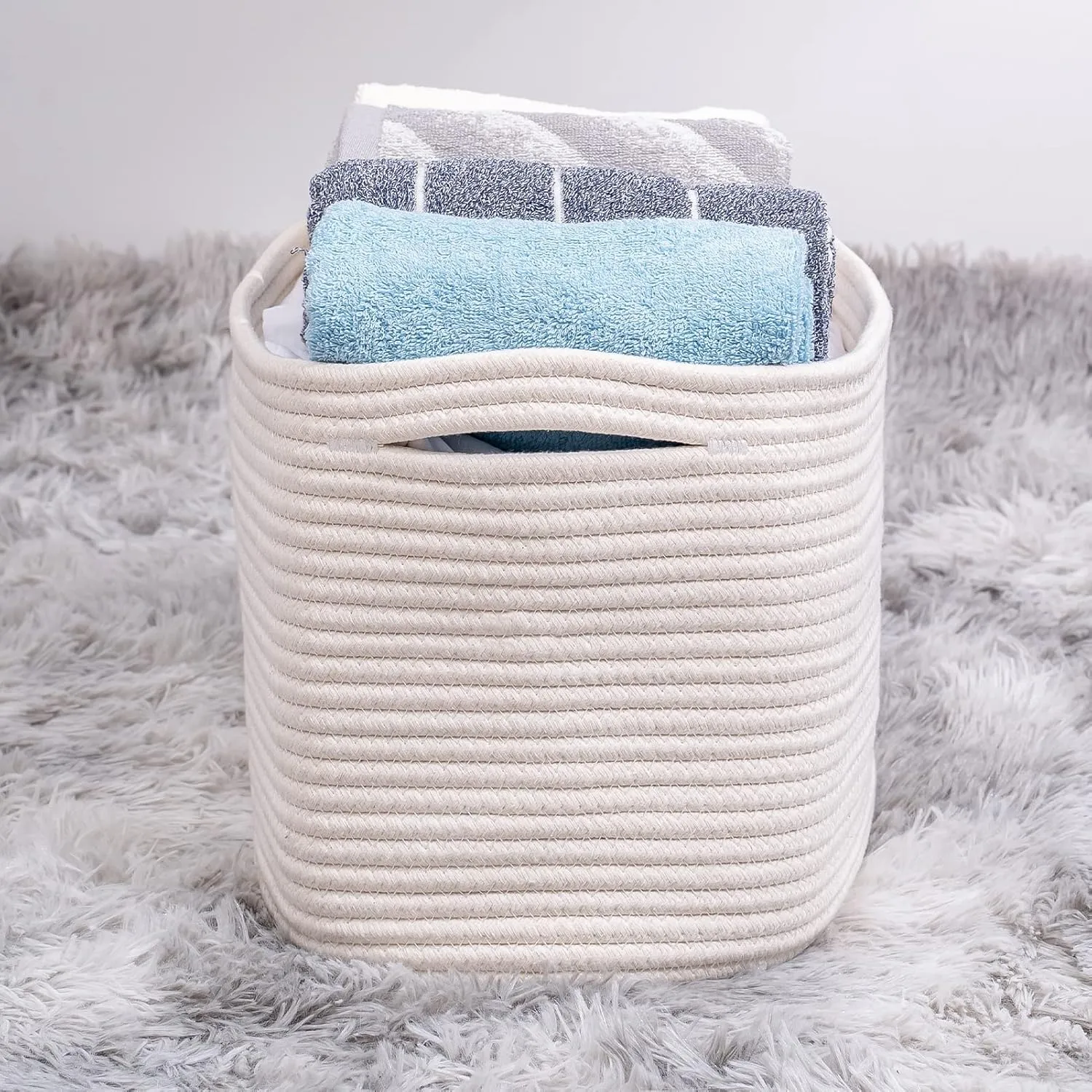 Off White Storage Cubes Baskets Bins for Shelves - Set of 2 Rectangular Closet Organizers, Woven Rope Baskets for Baby Nursery