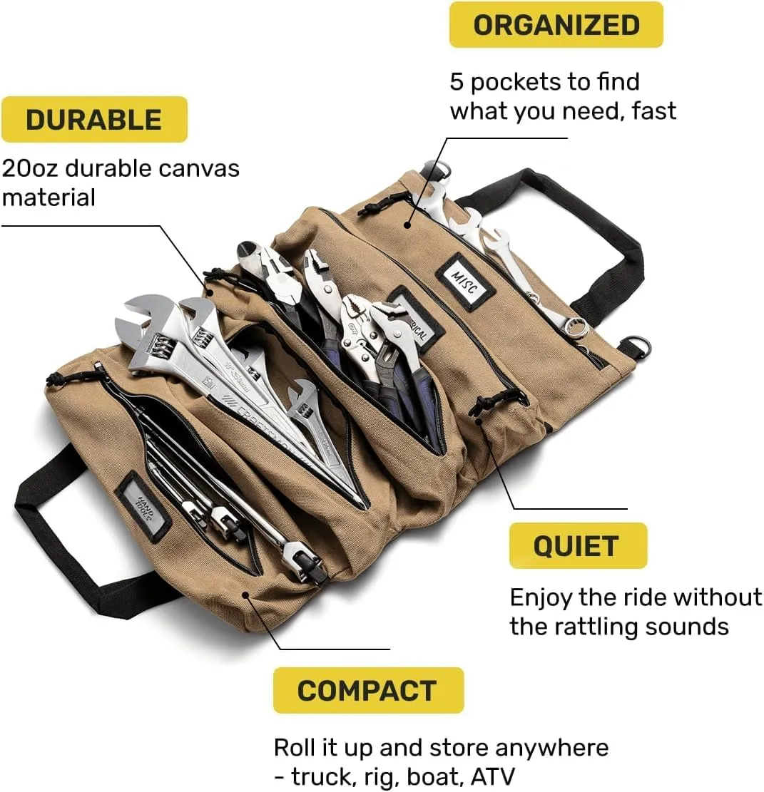Official Voyager Tool Roll Bag - Easy to Carry 5-Pocket Roll Up Tool Bag - Durable 20oz Canvas, Rust-Proof YKK Zippers & Secure Buckle - A Gift for Dads, Mechanics, Electricians & Hobbyists | Black