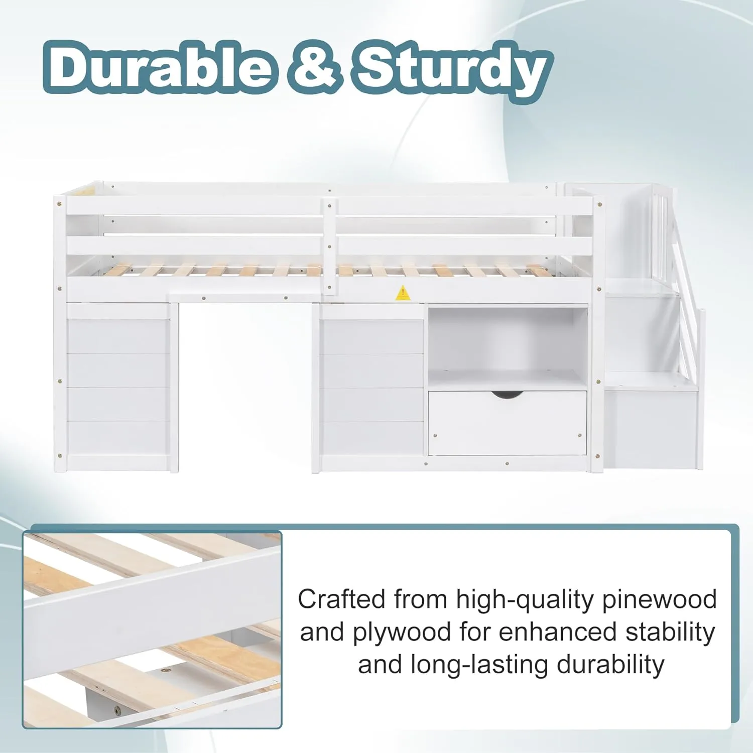 Okak Twin Size Low Loft Bed with Playhouse Loft Bed Frame with Drawer, Shelf and Stairs for Teens, Girls or Boys Loft, Strong Wood Slats Support, Loft Bed with Stairs for Storage, White