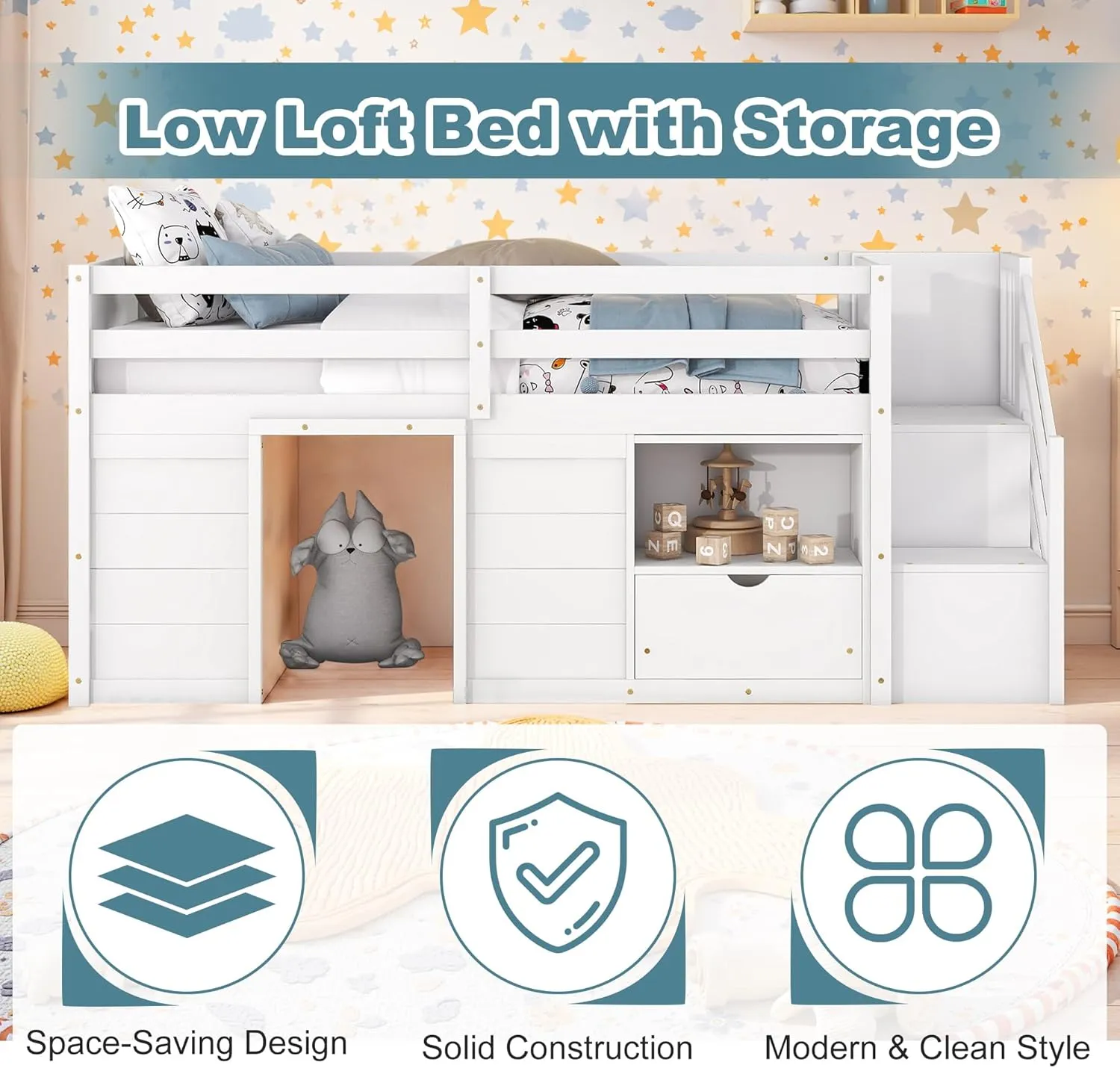 Okak Twin Size Low Loft Bed with Playhouse Loft Bed Frame with Drawer, Shelf and Stairs for Teens, Girls or Boys Loft, Strong Wood Slats Support, Loft Bed with Stairs for Storage, White