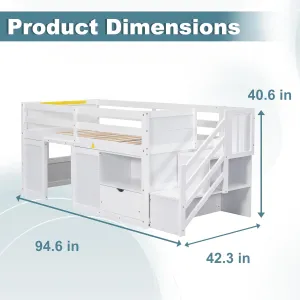 Okak Twin Size Low Loft Bed with Playhouse Loft Bed Frame with Drawer, Shelf and Stairs for Teens, Girls or Boys Loft, Strong Wood Slats Support, Loft Bed with Stairs for Storage, White