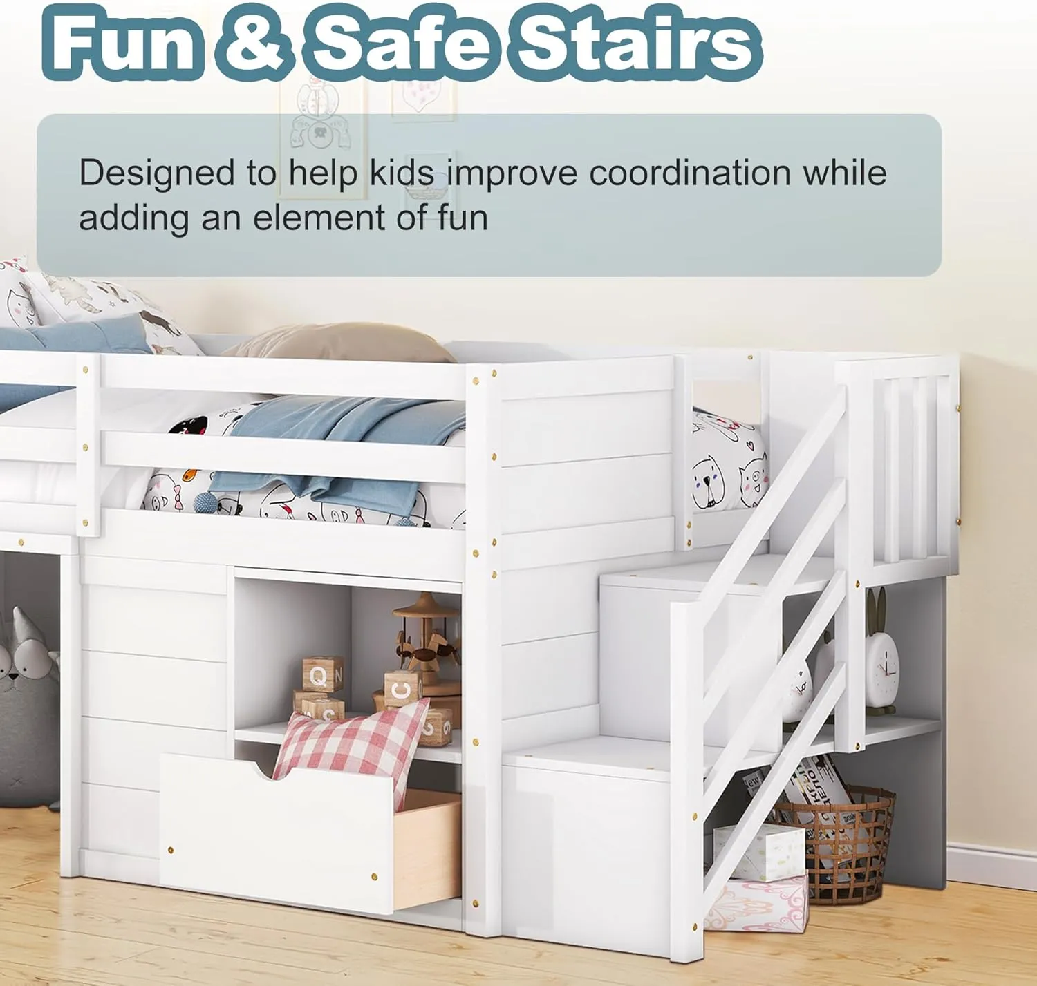 Okak Twin Size Low Loft Bed with Playhouse Loft Bed Frame with Drawer, Shelf and Stairs for Teens, Girls or Boys Loft, Strong Wood Slats Support, Loft Bed with Stairs for Storage, White