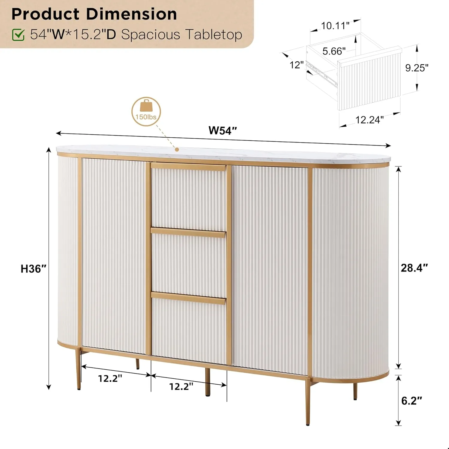OKD Modern 54" Fluted Sideboard Buffet Cabinet, Buffet Table Coffee Bar Wine Bar Storage Console Cabinet for Dining Room, Living Room, Hallway, Off White