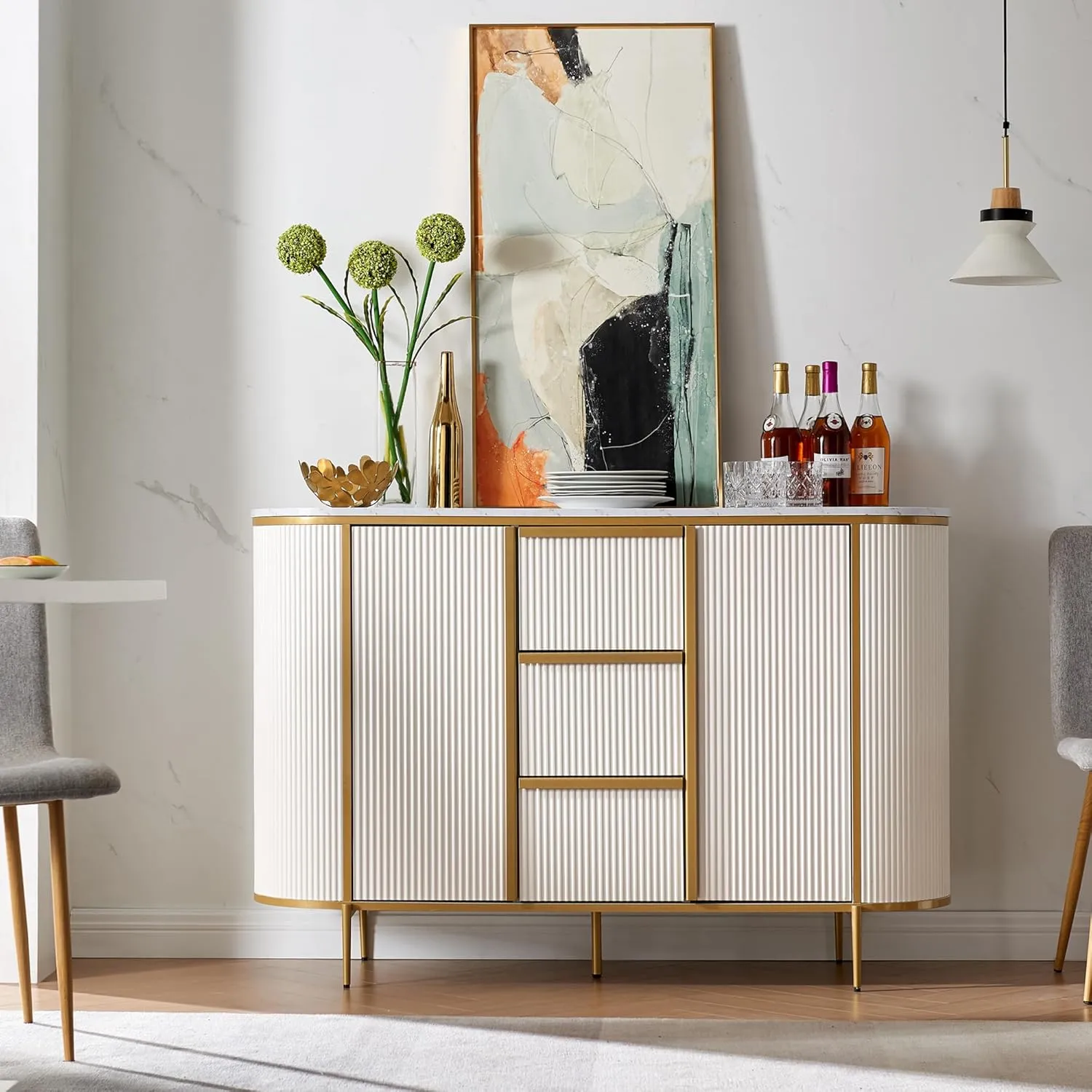 OKD Modern 54" Fluted Sideboard Buffet Cabinet, Buffet Table Coffee Bar Wine Bar Storage Console Cabinet for Dining Room, Living Room, Hallway, Off White