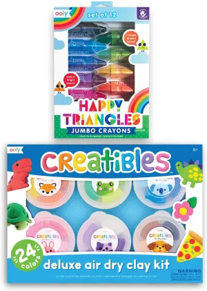 Ooly Jumbo Triangle Crayons for Toddlers [Set of 12] & Creatibles, 24 Colors Air Dry Clay Kit for Kids Craft, Modeling Clay with 3 Shaping Tools, Craft Supplies & Materials