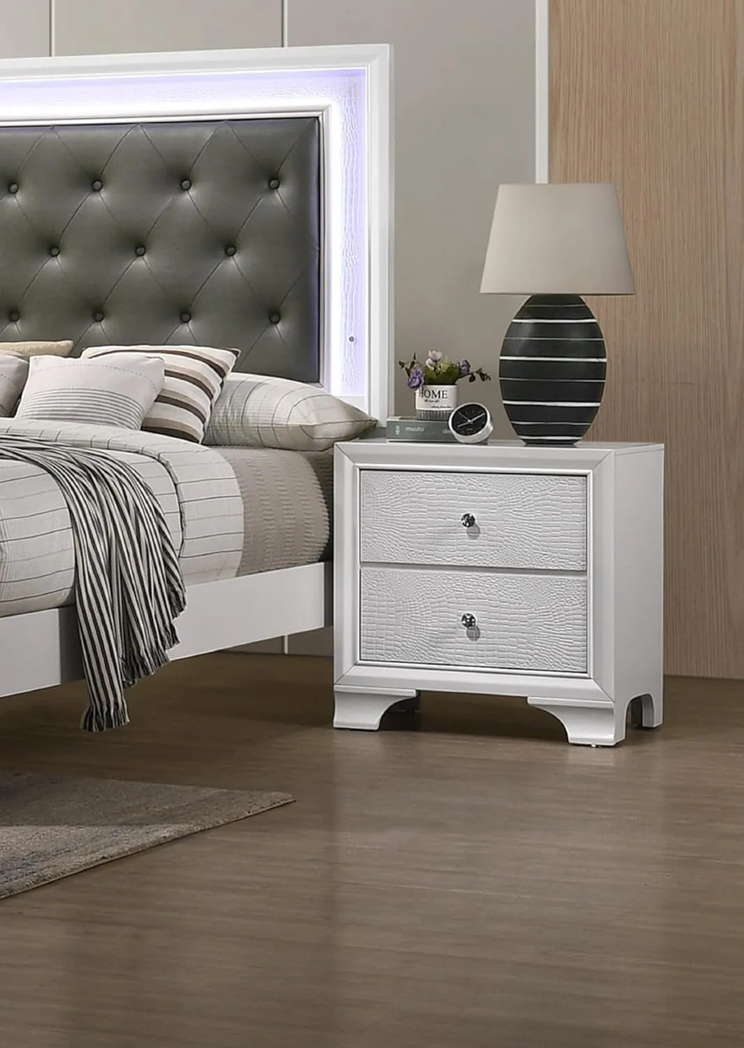 Organize Your Bedroom with Modern Two Drawer Nightstand, Embossed Crocodile Pattern, White Frost Finish