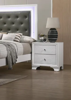 Organize Your Bedroom with Modern Two Drawer Nightstand, Embossed Crocodile Pattern, White Frost Finish