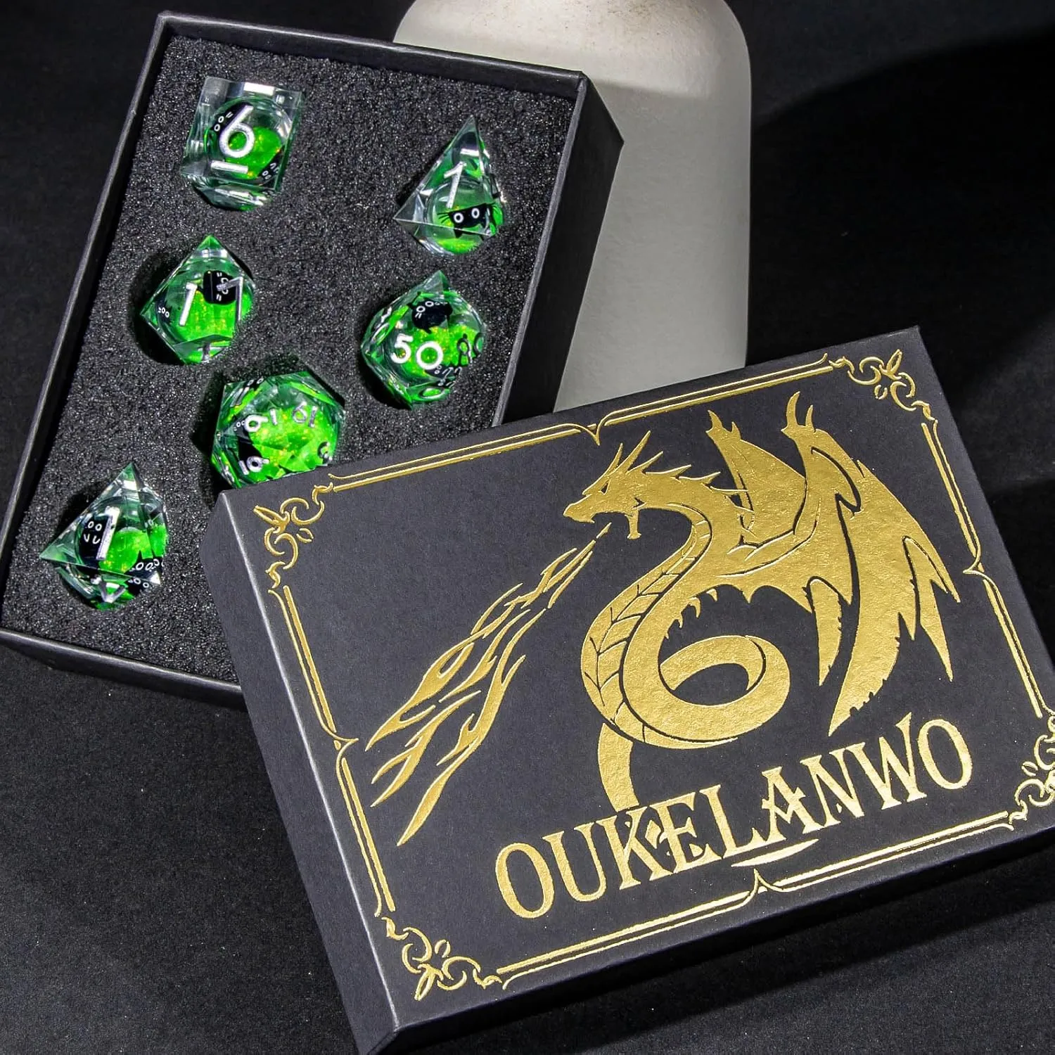 OUKELANWO Cat Liquid Core DND Dice Set, Green 7 Pcs Resin D&D Dice, Sharp Edged Role Playing Dice D20 D12 D10 D8 D6 D4