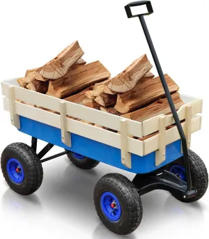 Outdoor Wagon All Terrain Rally Vehicle, (with Removable Wooden Side Panels Pneumatic Tires) Big Foot Board Car Christmas Kids Car Outdoor Camping All Terrain Rally Vehicle (Blue)