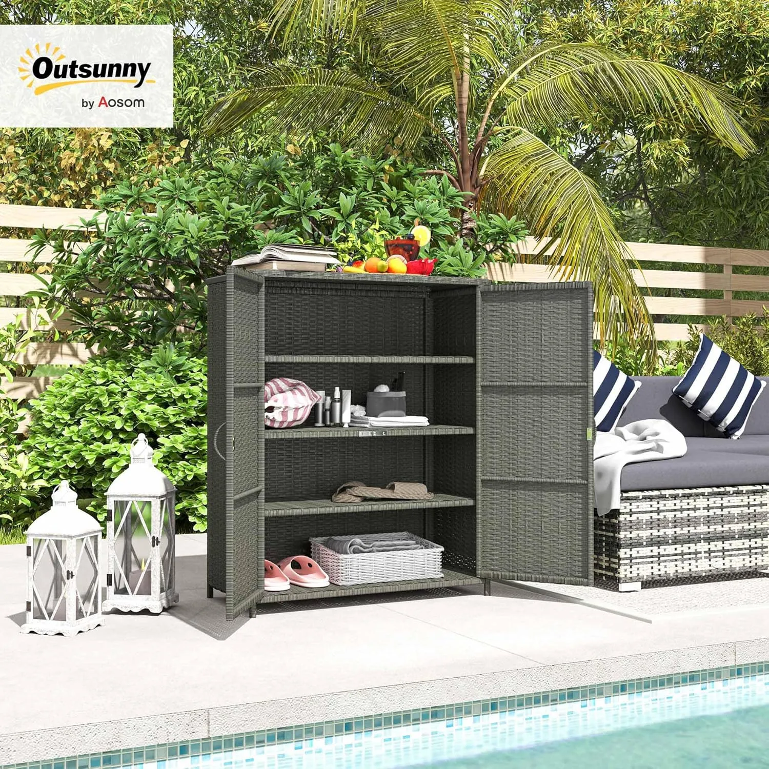 Outsunny Wicker Outdoor Storage Cabinet with Shelves, 4-Shelf Outdoor Pool Towel Cabinet with Two Doors, Rattan Patio Storage Shelves for Garden, Backyard, Porch, Dark Gray