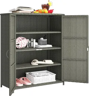 Outsunny Wicker Outdoor Storage Cabinet with Shelves, 4-Shelf Outdoor Pool Towel Cabinet with Two Doors, Rattan Patio Storage Shelves for Garden, Backyard, Porch, Dark Gray