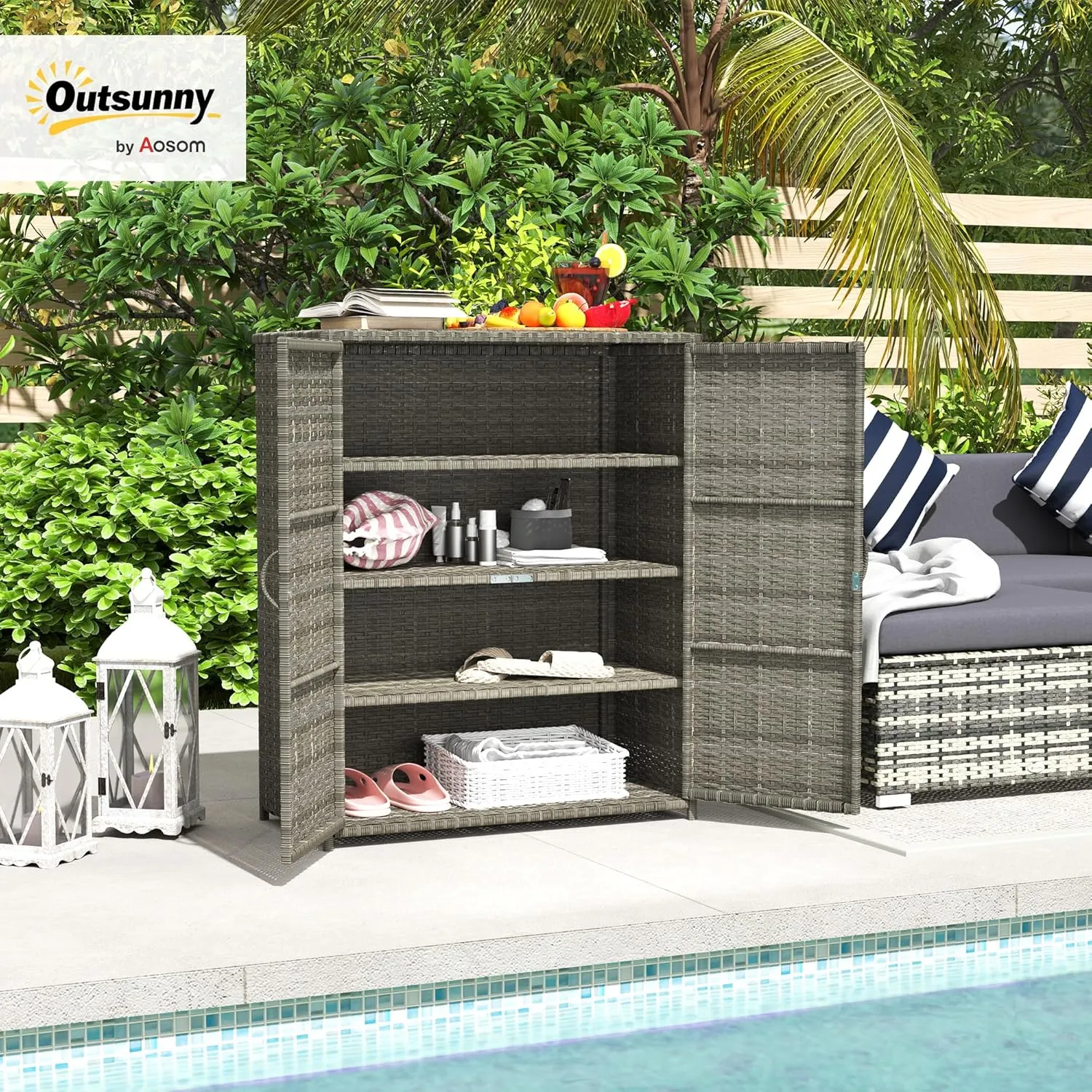 Outsunny Wicker Outdoor Storage Cabinet with Shelves, 4-Shelf Outdoor Pool Towel Cabinet with Two Doors, Rattan Patio Storage Shelves for Garden, Backyard, Porch, Mixed Gray