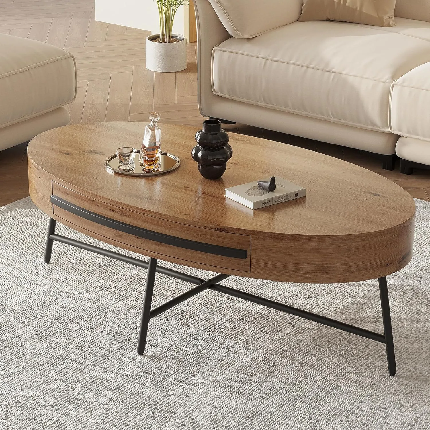 Oval Coffee Table with Drawer Mid-Century Modern Center Table 47.2“ Wooden Coffee Table with Storage and Cross Metal Legs Unique Curved Design for Living Room (Natural)