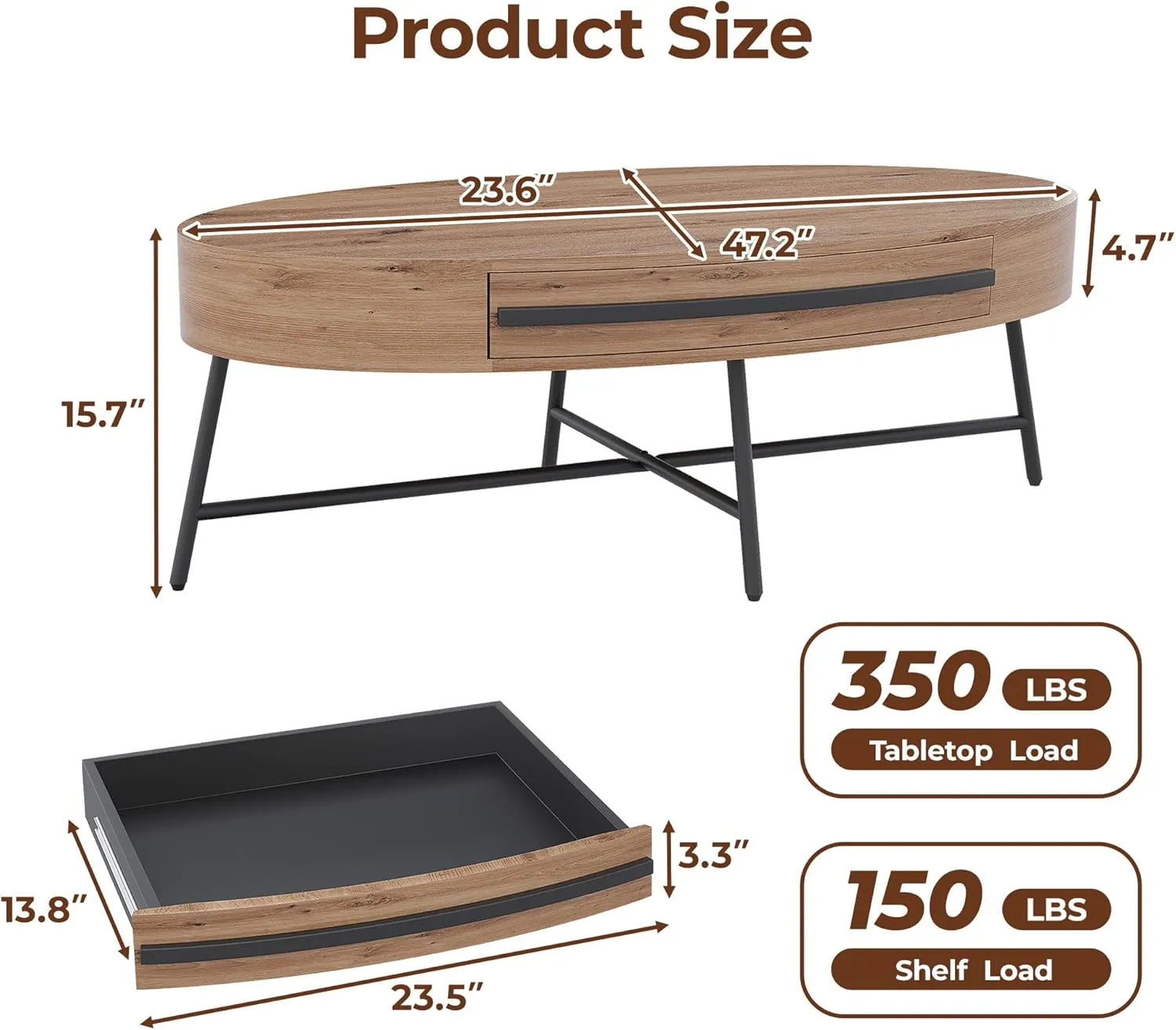 Oval Coffee Table with Drawer Mid-Century Modern Center Table 47.2“ Wooden Coffee Table with Storage and Cross Metal Legs Unique Curved Design for Living Room (Natural)
