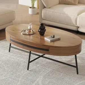 Oval Coffee Table with Drawer Mid-Century Modern Center Table 47.2“ Wooden Coffee Table with Storage and Cross Metal Legs Unique Curved Design for Living Room (Natural)