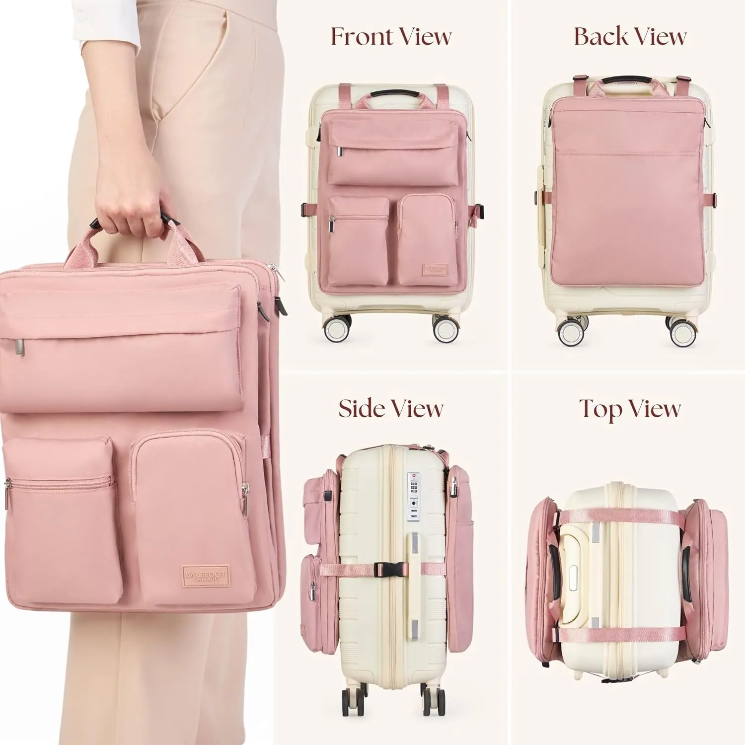 Over Luggage Organizer for Carry On Bag or Suitcase with Storage Pockets, 16” Laptop Sleeve with Handle, Travel Accessories Bag, Slide On Luggage Harness with Adjustable Straps (Pink)