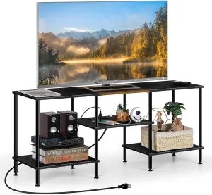 OYEAL Black Bedroom TV Stand with Storage Cabinet up to 50 inch TV, Small TV Console Table with Power Outlets 45 inch Media Entertainment Center for Living Room Bedroom