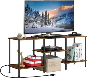 OYEAL Small TV Stand for Living Room up to 50 inch Farmhouse TV Media Entertainment Center with Power Outlets & Storage Shelf 45'' TV Cabinet Console Table for Bedroom, Rustic Brown