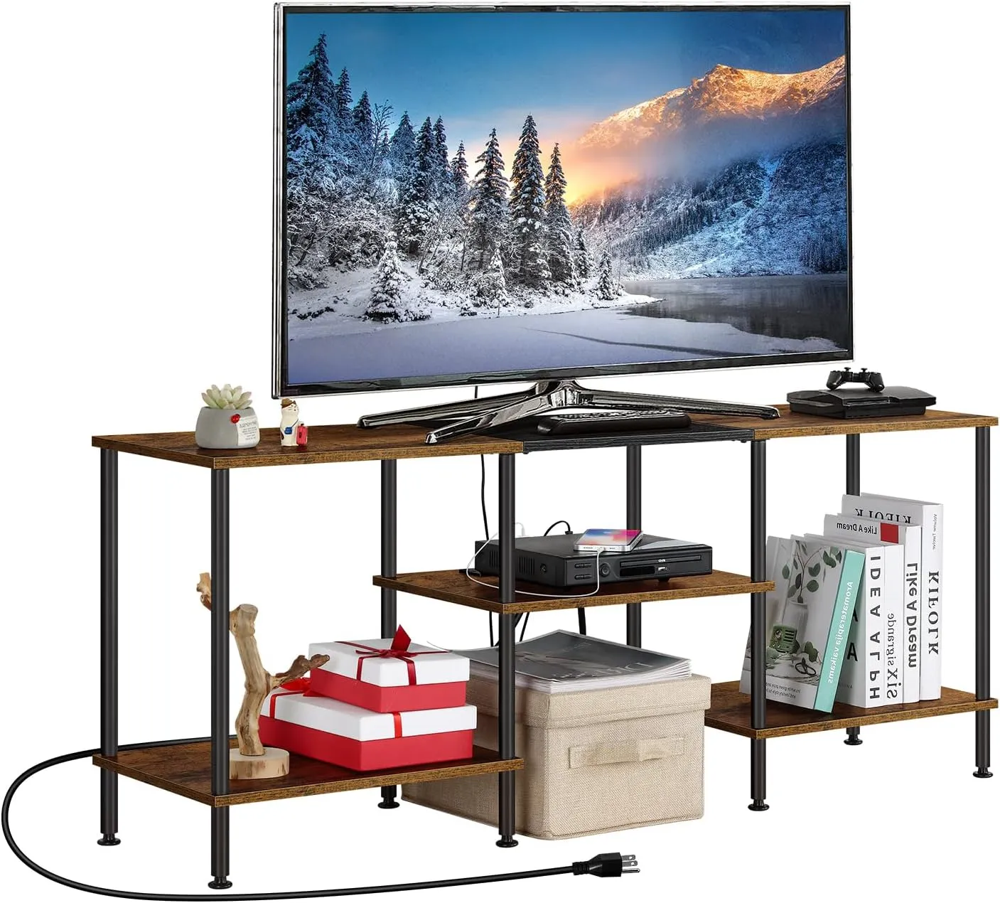 OYEAL Small TV Stand for Living Room up to 50 inch Farmhouse TV Media Entertainment Center with Power Outlets & Storage Shelf 45'' TV Cabinet Console Table for Bedroom, Rustic Brown