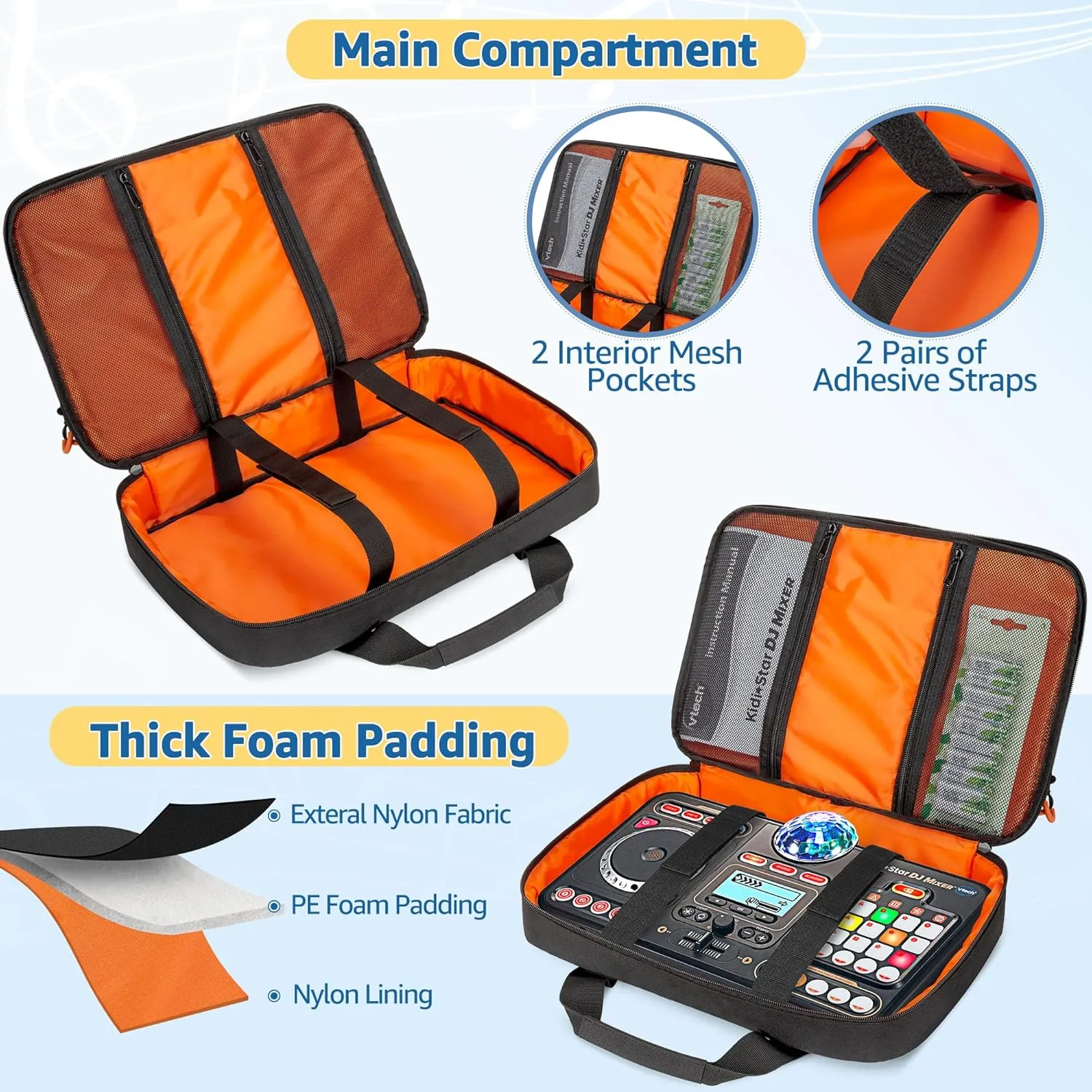 Padded Carrying Bag Compatible with VTech Kidi Star DJ Mixer/Kidi DJ Mix, Small DJ Mixer Storage Bag with Accessory Pockets for Cable, User Guide, Batteries or Other Accessories, Black