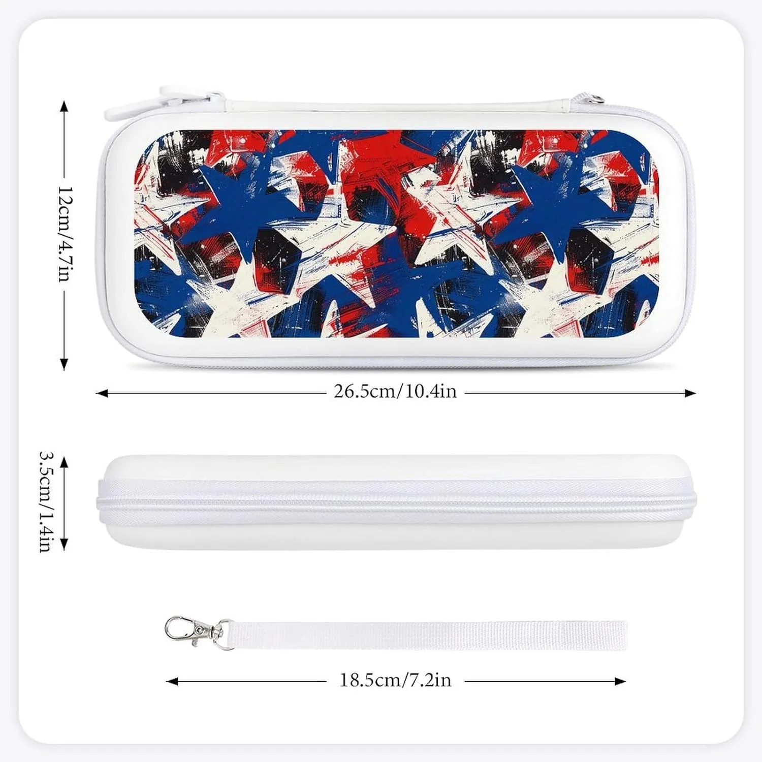Paint U.S.A. Red White Blue Star Hard Shell Travel Case with Rope 15 Game Card Pockets Compatible with Switch Protective