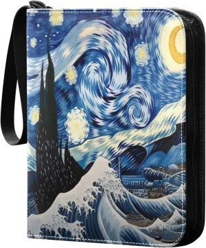 Painting Wave Night Card Binder with Double Sided PU Leather Holder Albums Book with 400 Pockets for Collectible Trading Card Games Card