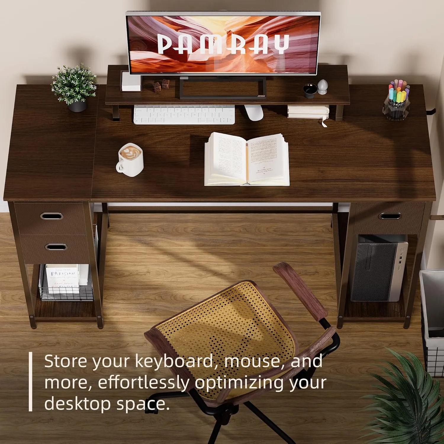 Pamray 55 Inch Computer Desk with Non-Woven Storage Drawers and Monitor Stand Home Office Desk for Bedroom Study Table Writing and Work Desk Deep Brown