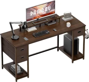 Pamray 55 Inch Computer Desk with Non-Woven Storage Drawers and Monitor Stand Home Office Desk for Bedroom Study Table Writing and Work Desk Deep Brown