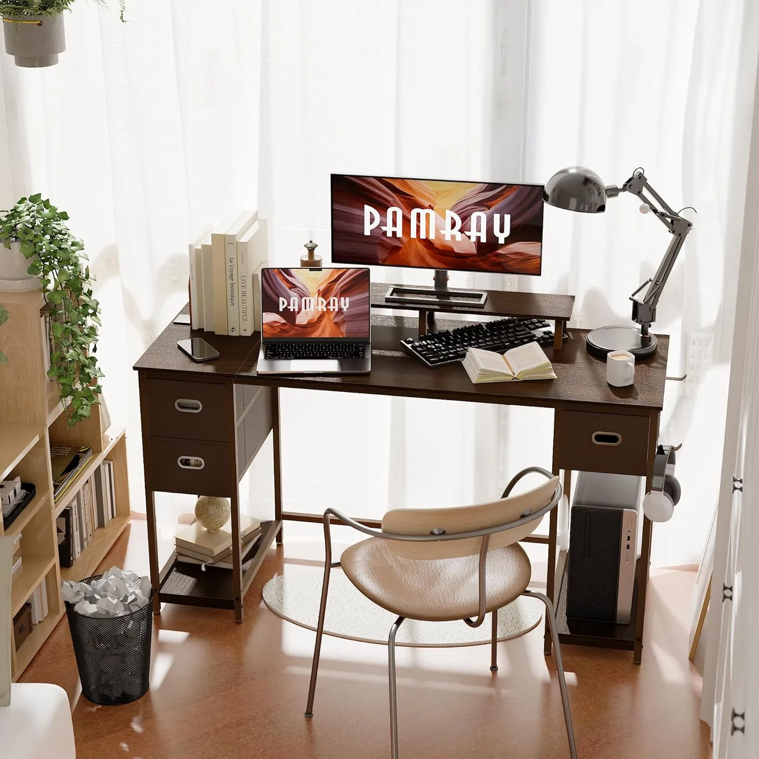 Pamray 55 Inch Computer Desk with Non-Woven Storage Drawers and Monitor Stand Home Office Desk for Bedroom Study Table Writing and Work Desk Deep Brown
