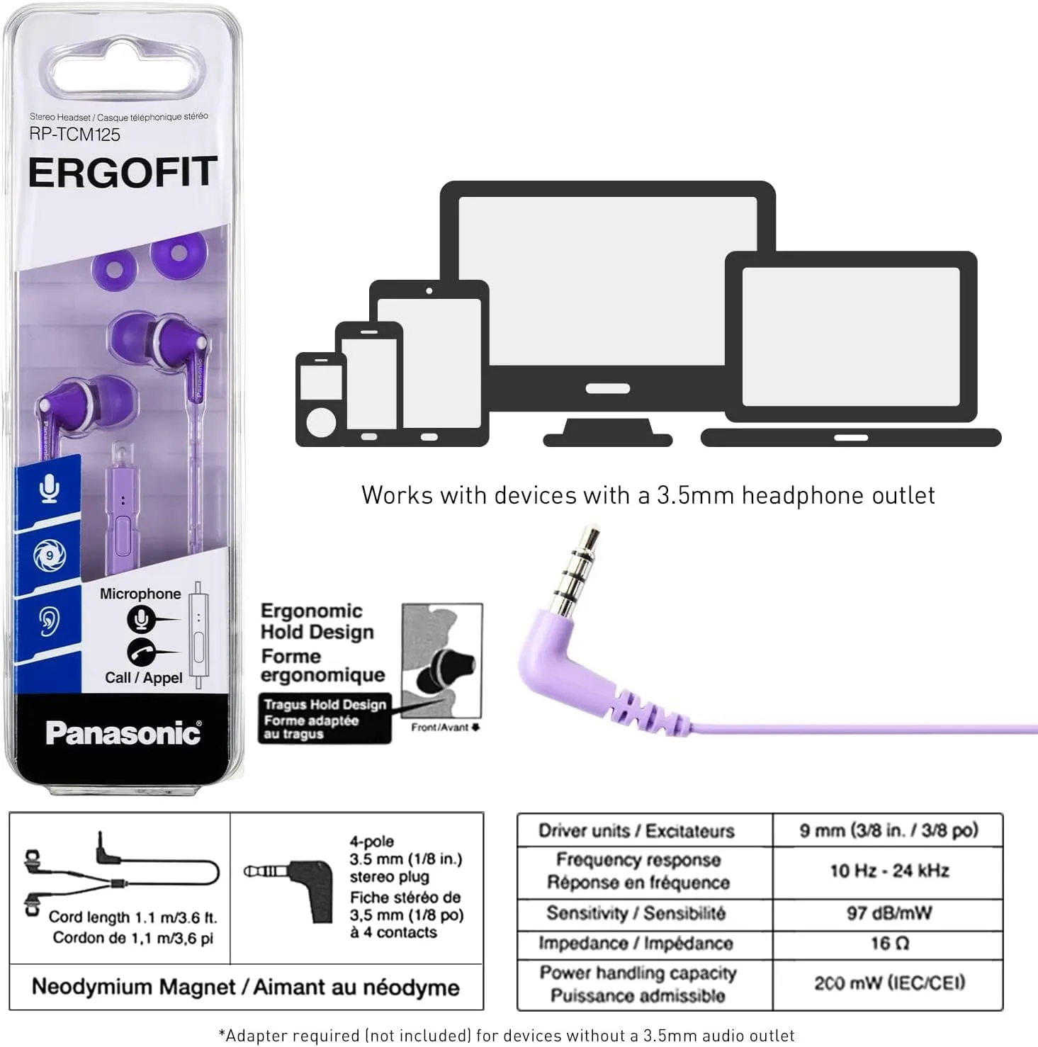 Panasonic ErgoFit Wired Earbuds With Microphone, 3.5mm Jack Wired Headphones with Mic and Call Controller, Ergonomic Custom-Fit Earpieces (S/M/L), for Phones and Laptops - RP-TCM125-V (Purple)