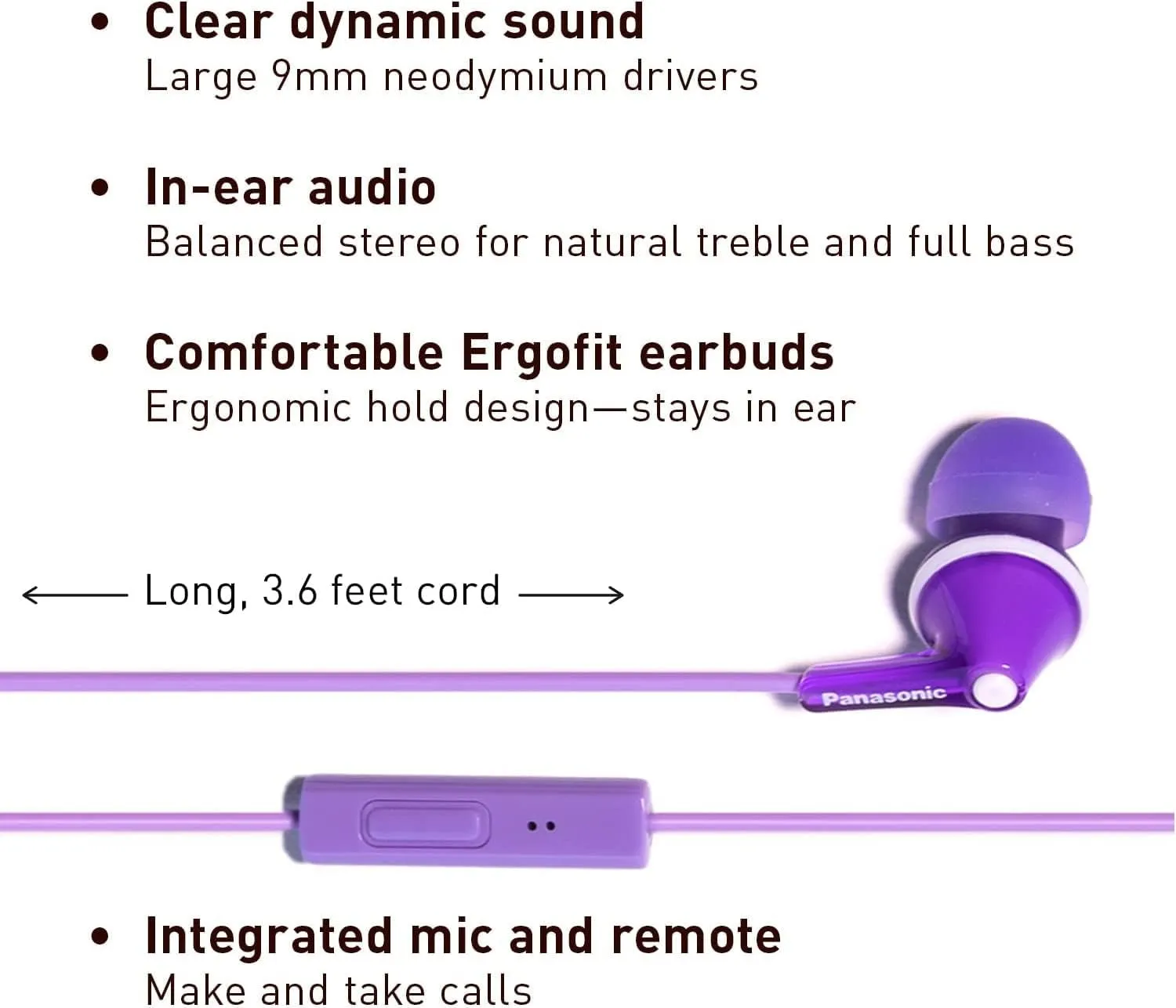 Panasonic ErgoFit Wired Earbuds With Microphone, 3.5mm Jack Wired Headphones with Mic and Call Controller, Ergonomic Custom-Fit Earpieces (S/M/L), for Phones and Laptops - RP-TCM125-V (Purple)