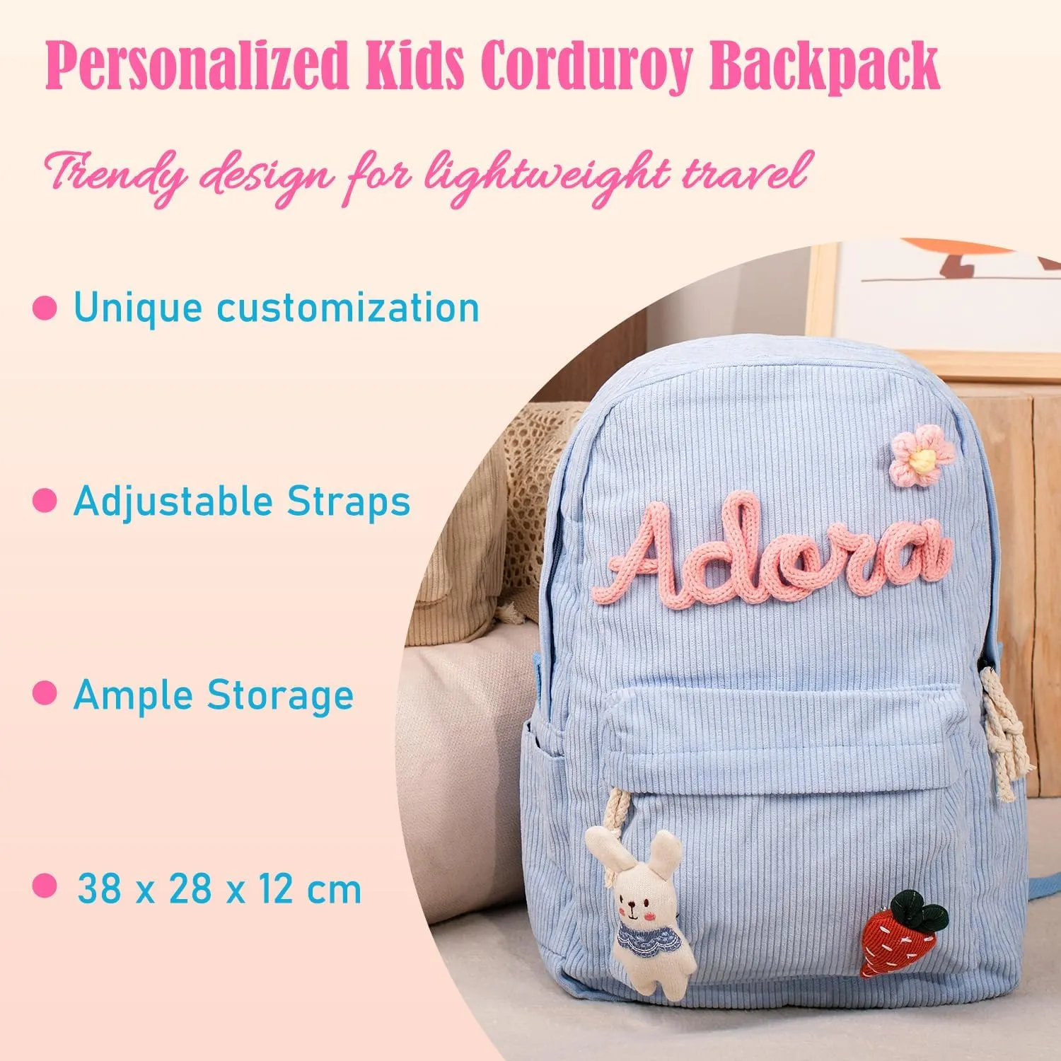 Personalized Corduroy Backpack, Custom Embroidered Name Aesthetic School Bag, Monogram Book Bag for Toddlers and Kids (Black)