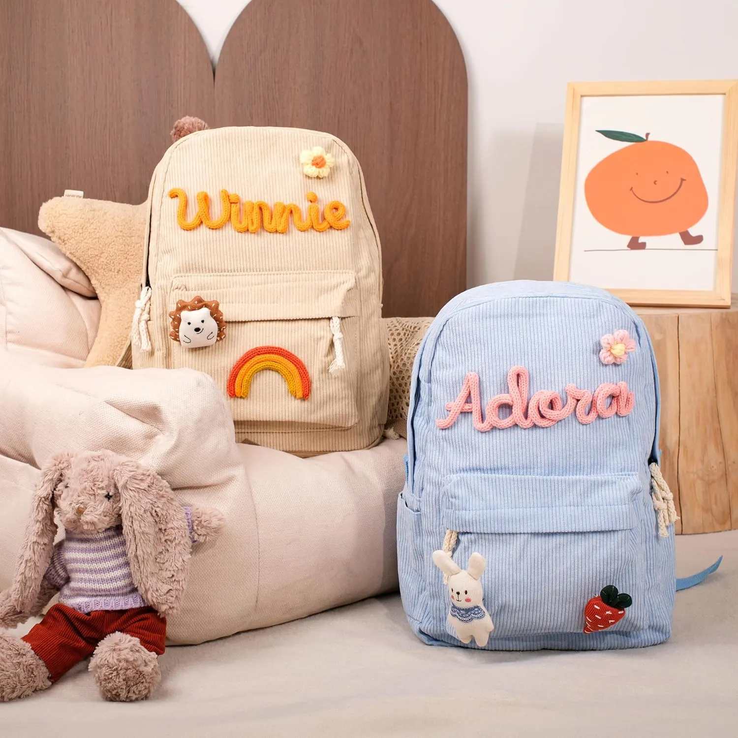 Personalized Corduroy Backpack, Custom Embroidered Name Aesthetic School Bag, Monogram Book Bag for Toddlers and Kids (Black)